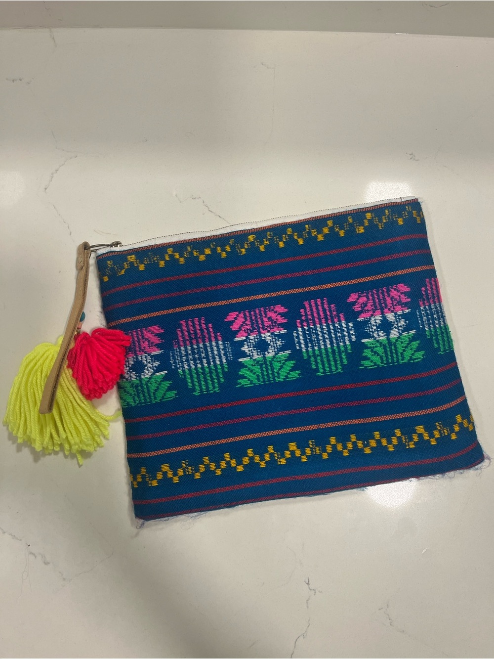 Embroidered Blue Floral Wristlet Clutch with Neon Tassels